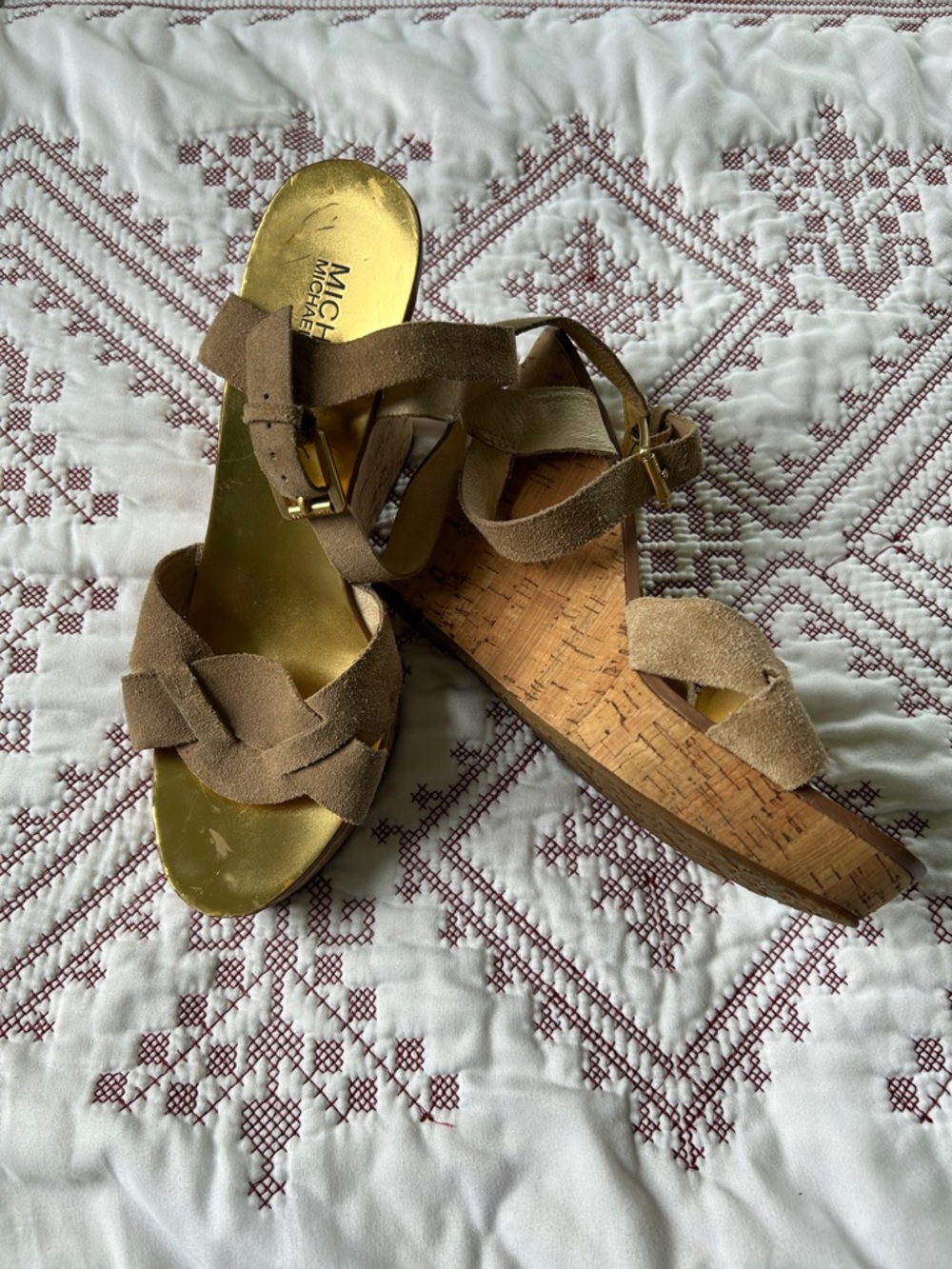 MICHAEL Michael Kors Tan Suede Cork Wedge Sandals